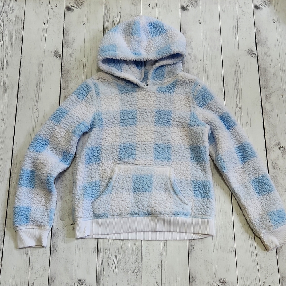 Jumping Beans size 8 Blue/white buffalo check fluffy hooded pull over
